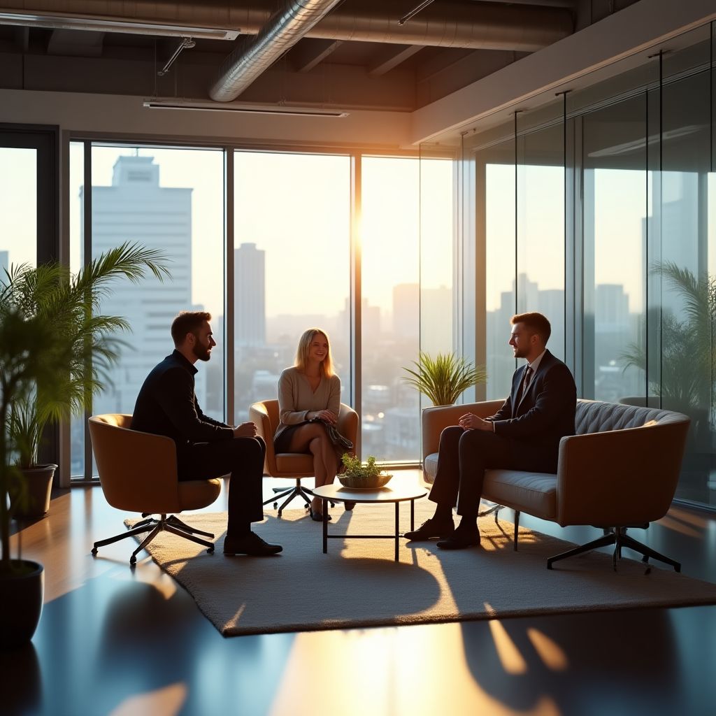 Escritório moderno do InvestMente com equipe trabalhando